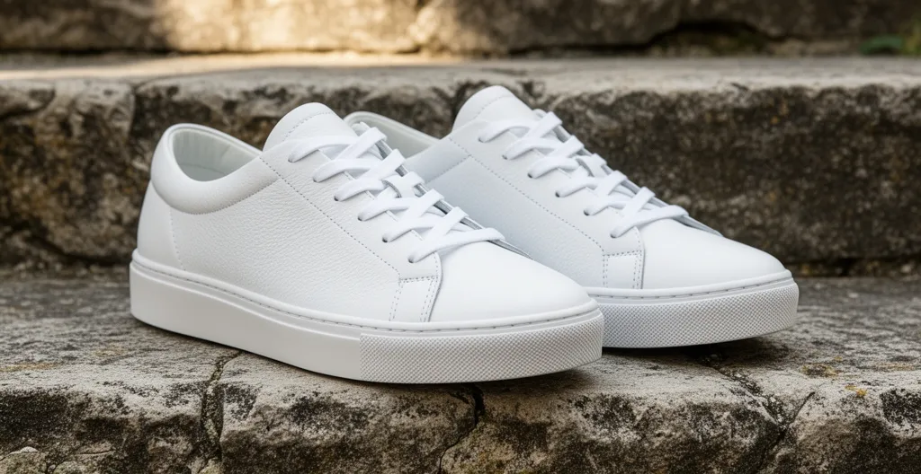 Paire de baskets basses blanches minimalistes posées sur marche en pierre