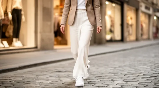 Femme marchant en ville avec baskets blanches minimalistes et tenue casual chic