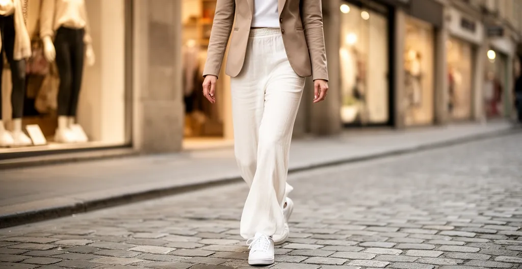 Femme marchant en ville avec baskets blanches minimalistes et tenue casual chic