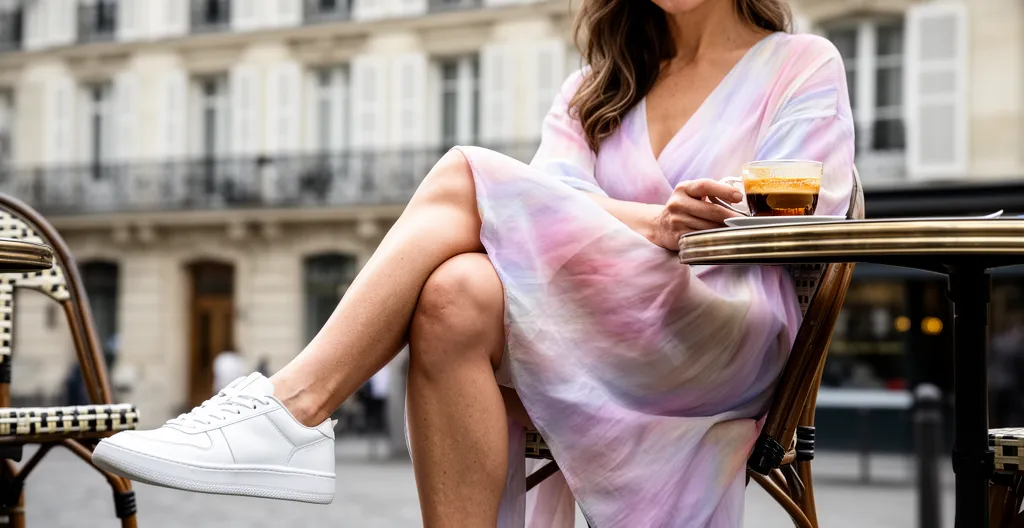 Femme en terrasse de café portant robe midi avec baskets blanches basses